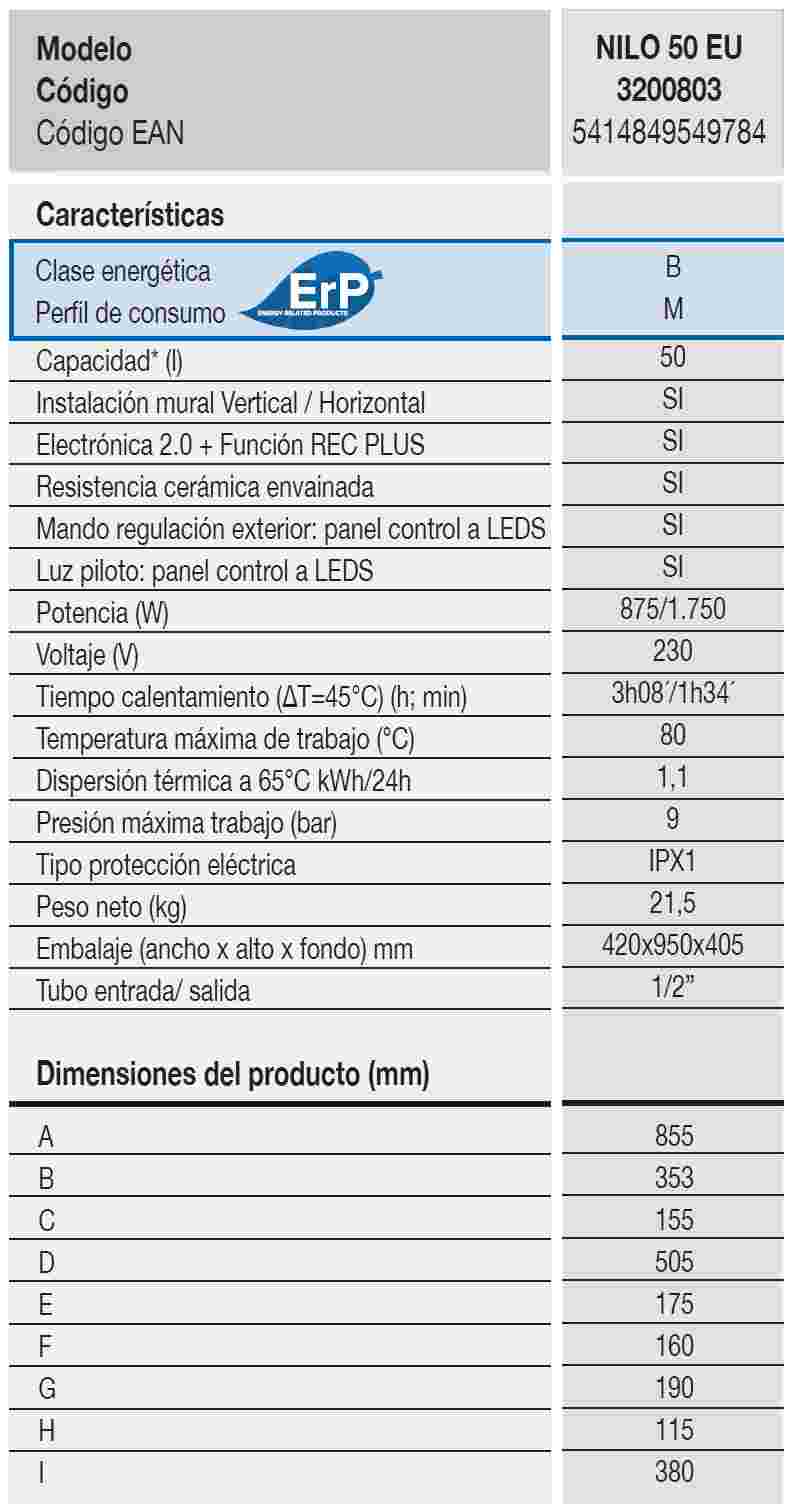 Termo eléctrico Fleck Nilo 50 litros Vertical u Horizontal Clase Energetica  B - Calefacción y ventilación - Los mejores precios